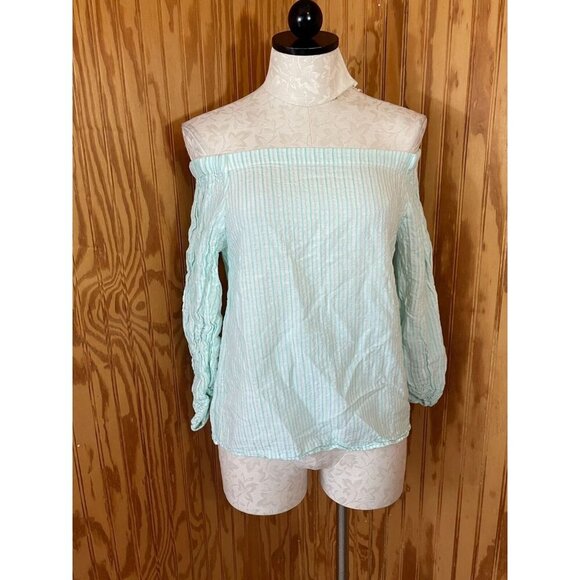 Massimo Dutti Blouse Pullover Top Off Shoulder Long Sleeve Teal Striped Sz US 8 - Picture 1 of 7